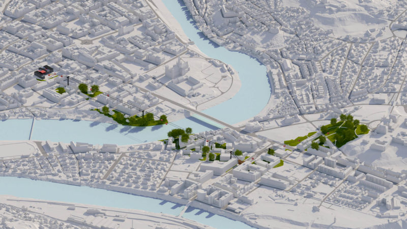 3D Visualisering av Trondheim i hvitt med IQ-banen markert i farger.