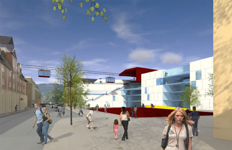 Visualisering av Campus Kalvskinnet, hvitt bygg, med Gondolene til IQ-banen på vei inn. Åpent område med folk foran bygningen.