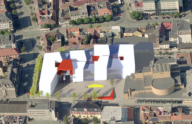 Fugleperspektiv av Campus Kalvskinnet og hvordan den ligger plassert i forhold til andre bygg i nærheten.