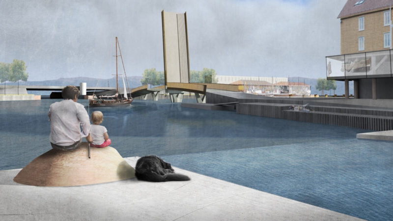 Arkitektvisualisering av bro mellom Ravnkloa og Fosenkaia, mann og gutt som fisker, svart hund som ligger ved siden av de.
