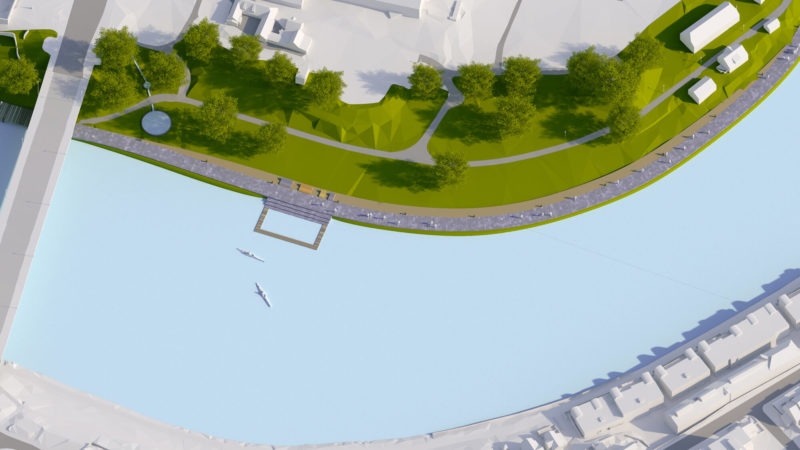 3D visualisering av Trondheim i hvitt, Hjertepromenaden visualisert med farger. To kajakkpadlere i vannet foran tidevannsbassenget