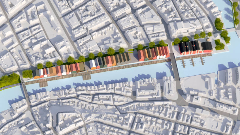 3D visualisering av Bryggene langs Kjøpmannsgt. Bryggene i skarpe farger.